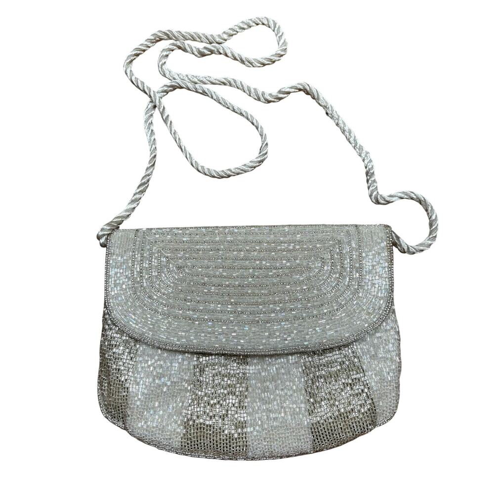 Vintage 1980’s beaded evening bag wedding brides purse white satin silver gold